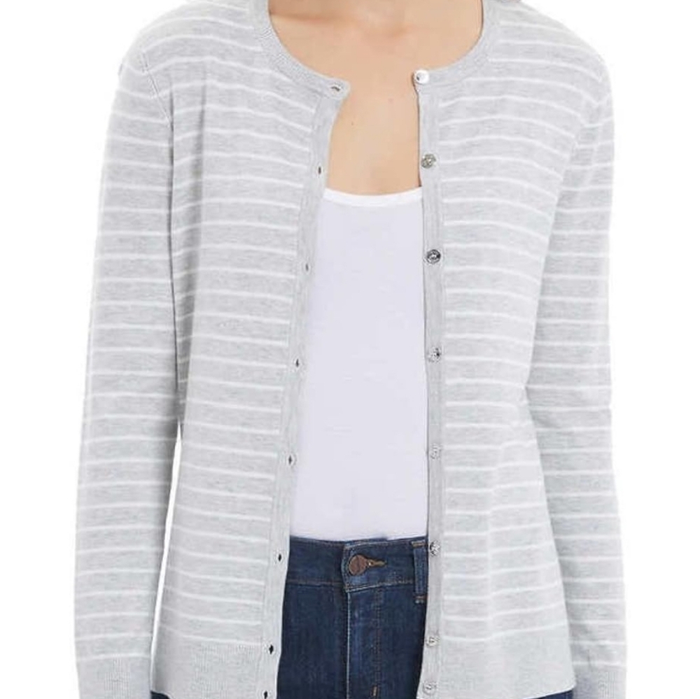 Jones New York Womens XL Gray White Striped Button Front Cardigan Sweater